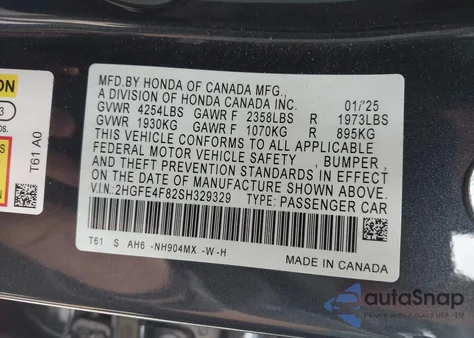 2025 Honda Civic Hybrid Sport/Sport Touring from USA, damaged, VIN 2HGFE4F82SH329329